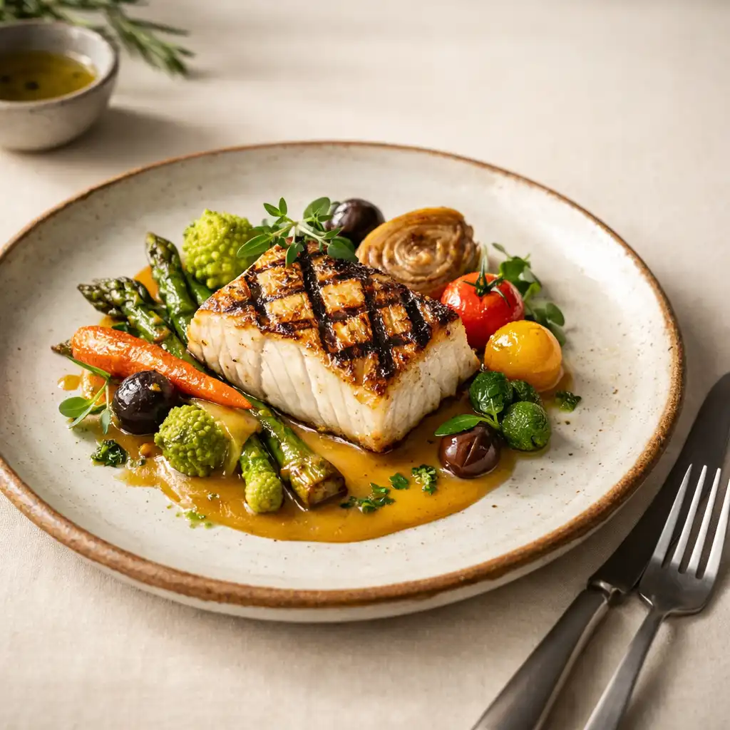 Assiette signature élégante avec un filet de poisson grillé, légumes de saison et sauce, présentée sur une vaisselle artisanale.