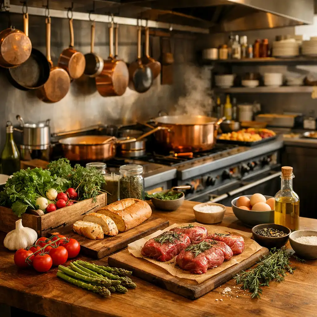 Cuisine de restaurant professionnelle avec des ustensiles en cuivre et des produits frais sur un plan de travail en bois.