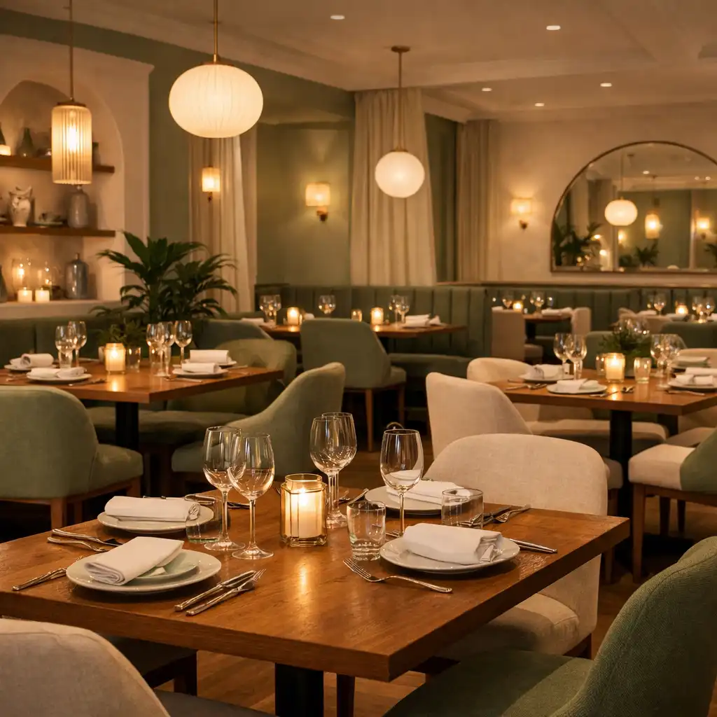 Intérieur élégant du restaurant avec des tables en bois, des chaises confortables et une décoration aux tons ivoire et vert sauge.