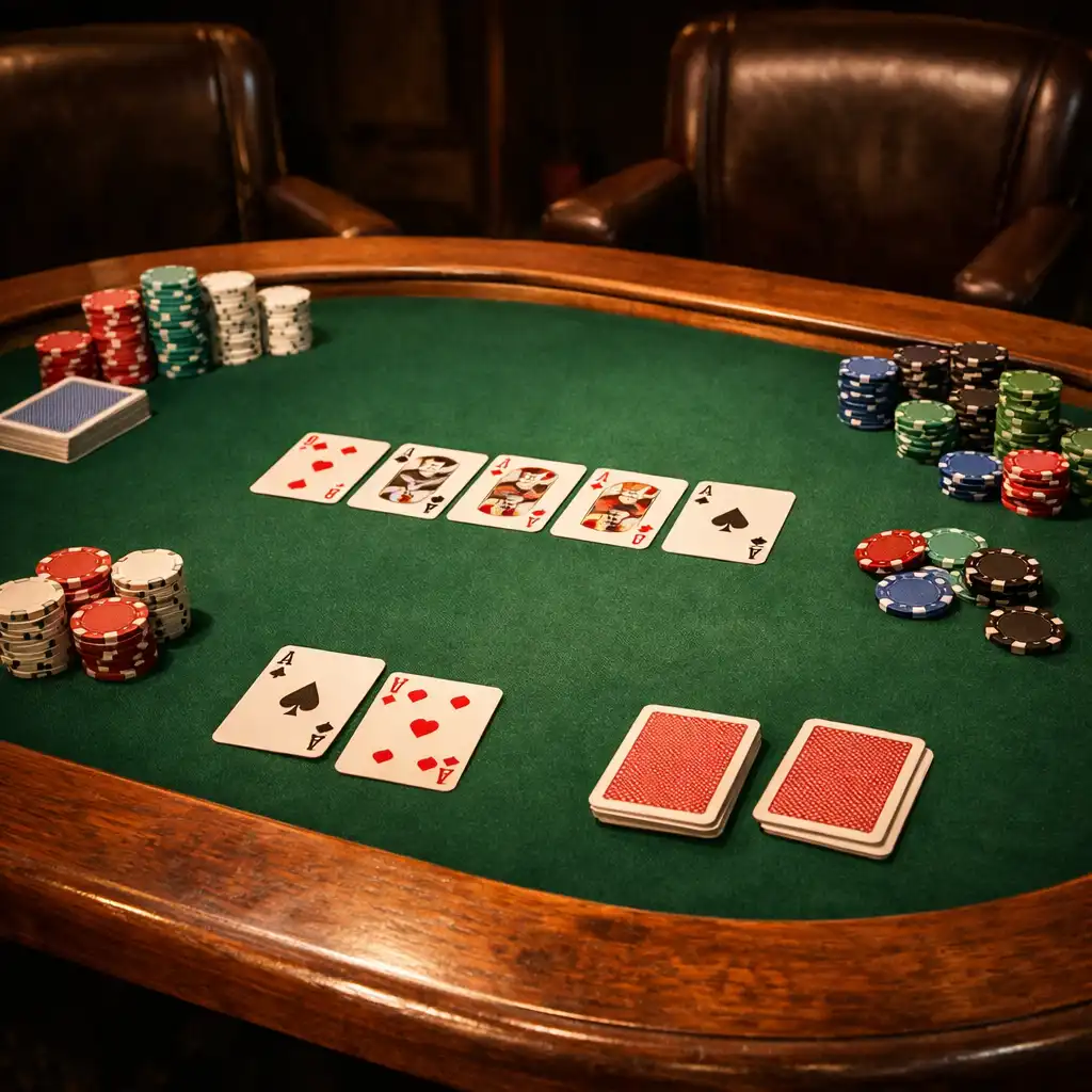 Table de poker physique en bois avec un tapis vert, des cartes à jouer et des jetons en céramique, sans aucun écran.