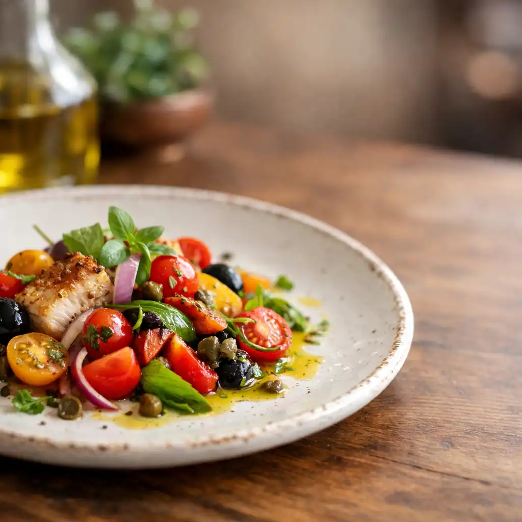 Plat gastronomique méditerranéen présenté sur une assiette artisanale, avec des ingrédients frais et une lumière naturelle chaleureuse.