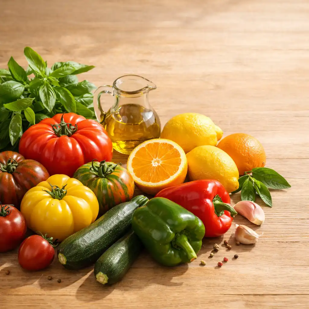 Ingrédients méditerranéens frais : tomates anciennes, courgettes, poivrons, basilic et agrumes