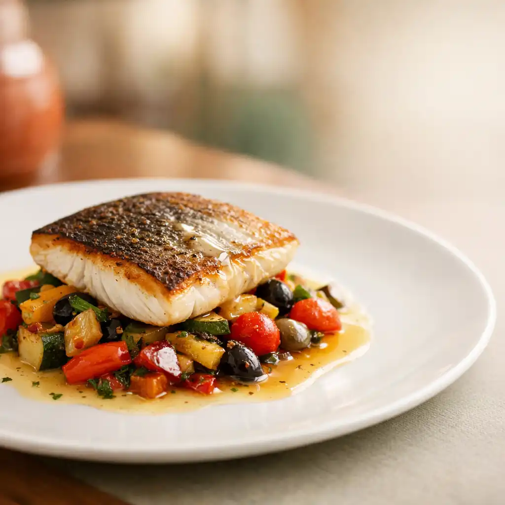 Plat signature de Cercle Camélia : filet de poisson grillé sur un lit de légumes méditerranéens colorés