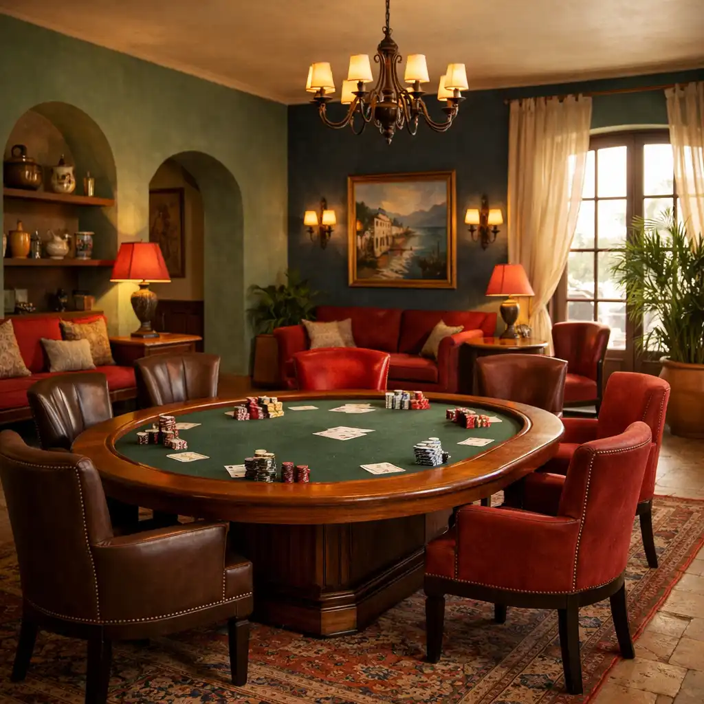 Table de poker élégante avec cartes et jetons dans un salon feutré
