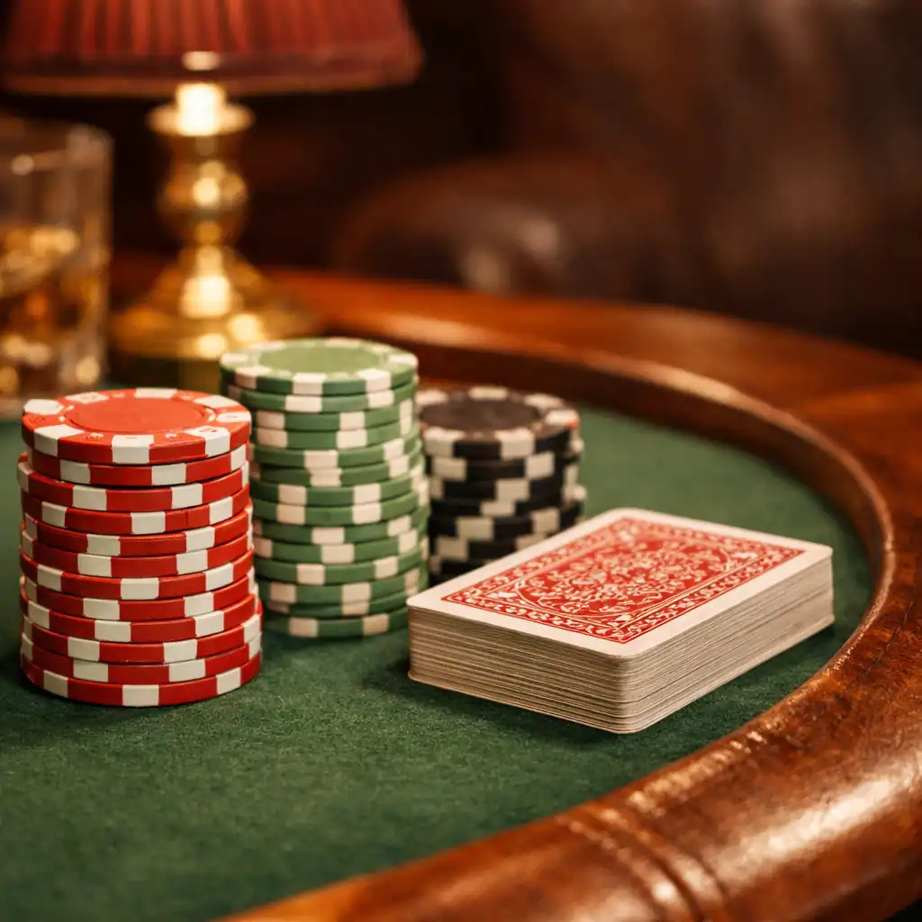 Détail du Poker Lounge : table en bois massif, jetons en céramique et jeu de cartes sous un éclairage chaleureux