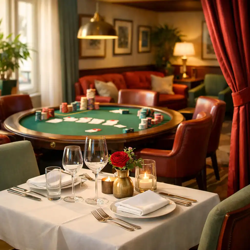 Transition entre l'espace restaurant et le coin salon avec table de poker