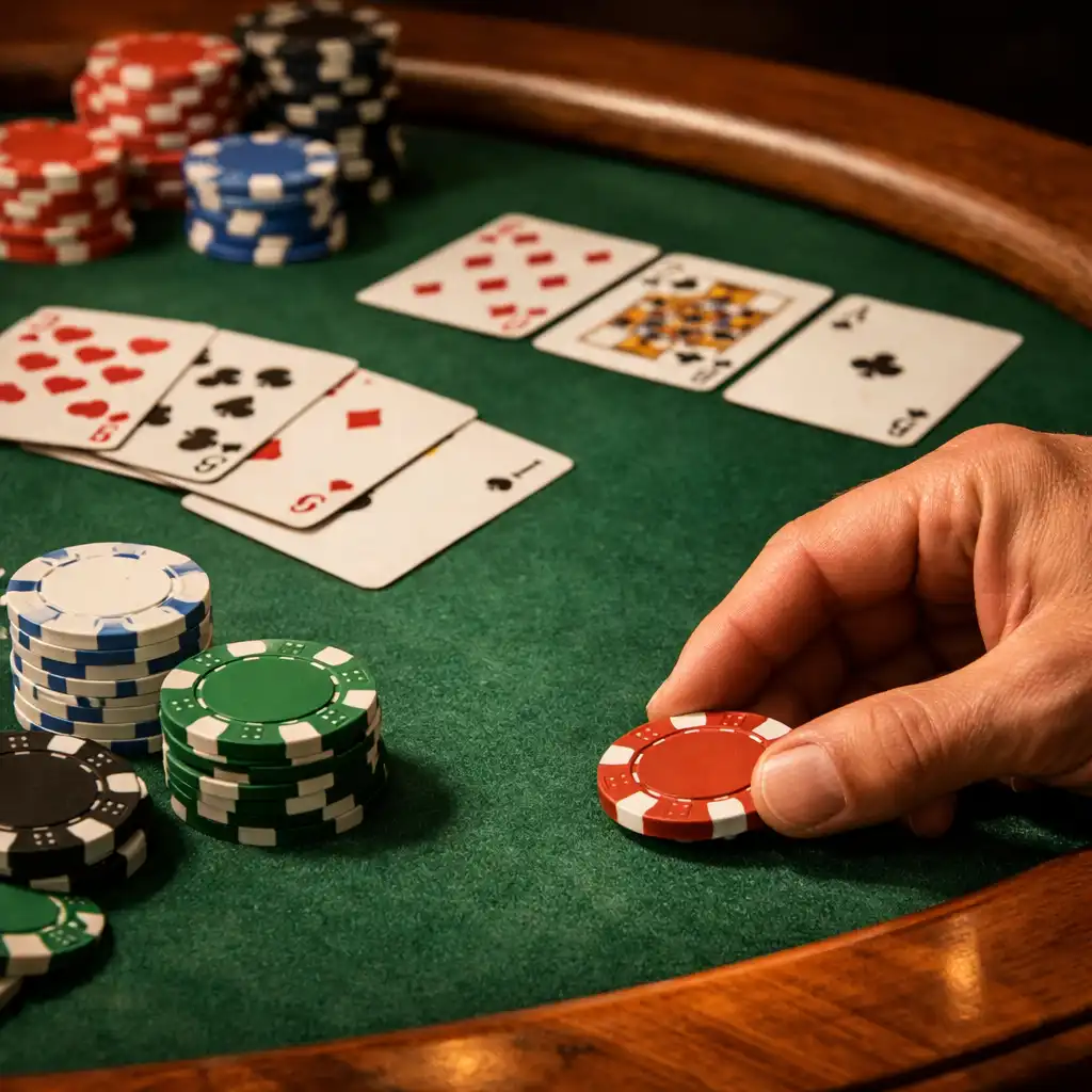 Vue rapprochée d’une table de poker en bois massif avec cartes et jetons