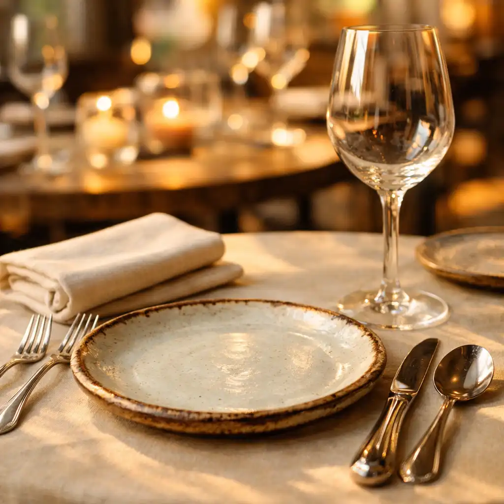 Table dressée dans la salle principale de Cercle Camélia, avec assiette en céramique, couverts en argent et verre à vin, lumière dorée de fin d’après-midi
