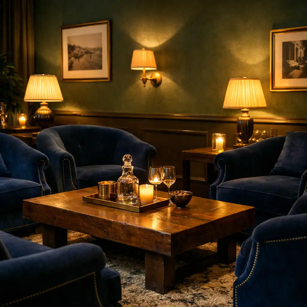 Salon feutré de Cercle Camélia avec fauteuils profonds en velours bleu nuit, table basse en bois massif et éclairage tamisé