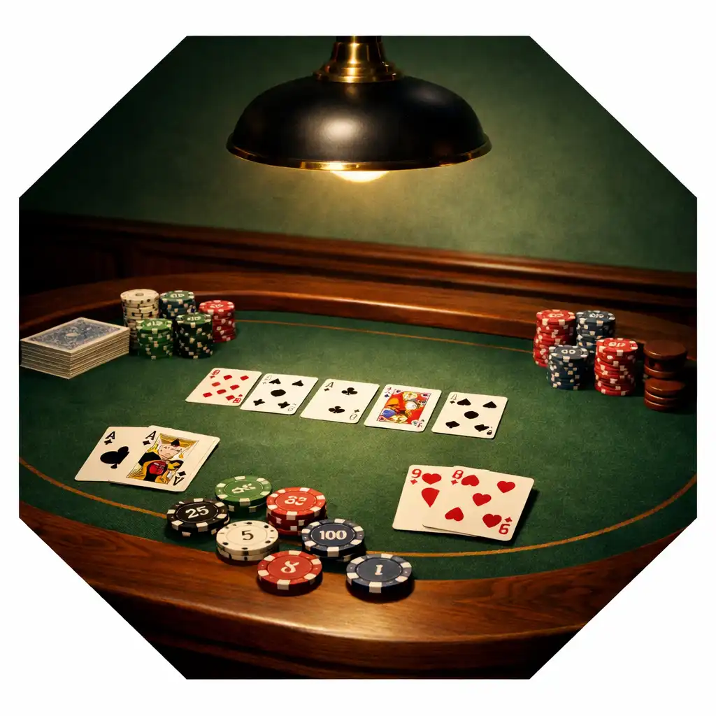 Table de poker physique en bois massif avec cartes et jetons en céramique dans une salle feutrée